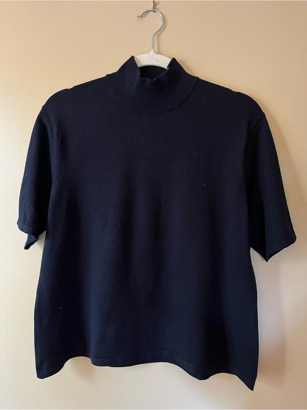 Black Silk Knit Short-Sleeve Mock Neck Top
